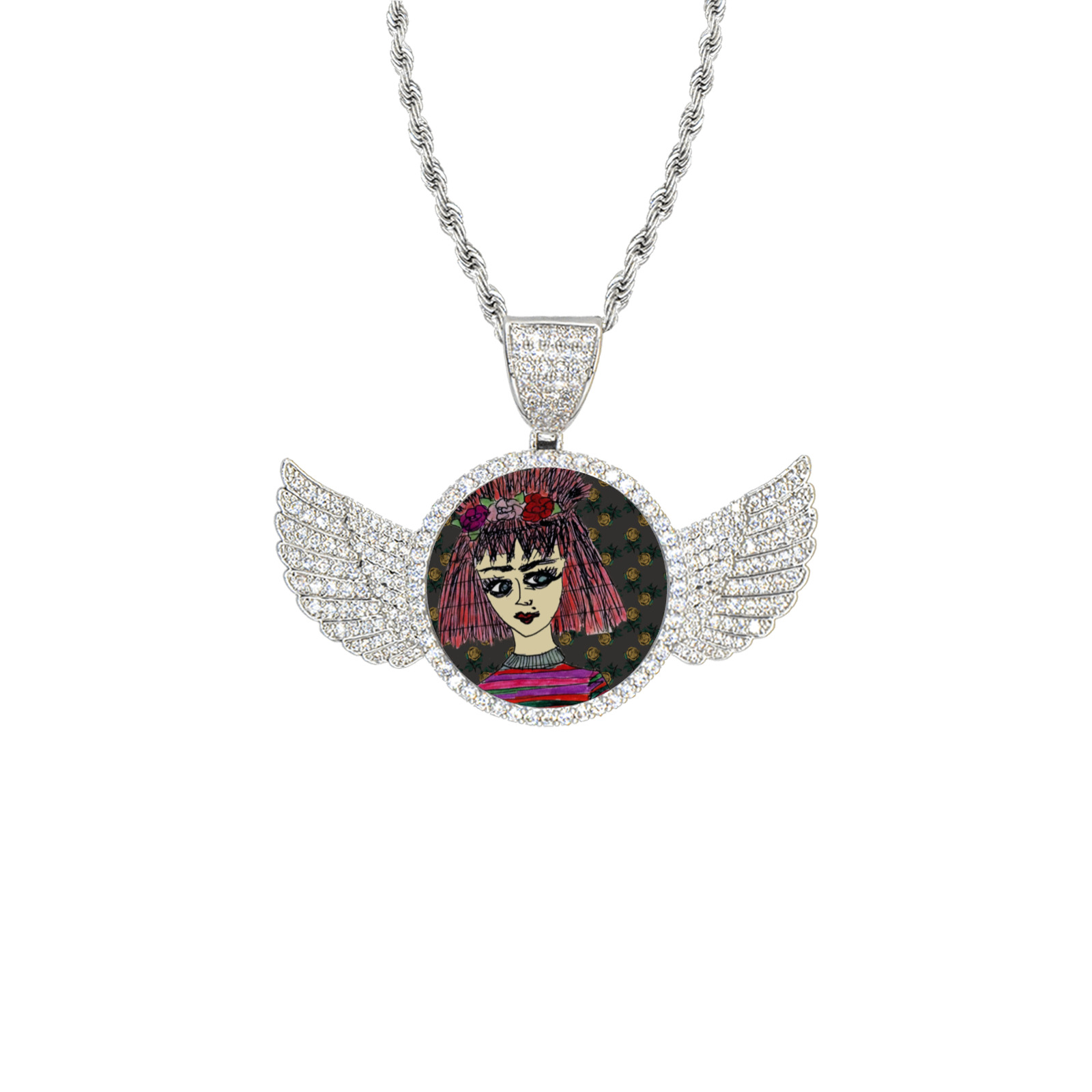 floral band goth girl grey bg Wings Silver Photo Pendant with Rope Chain