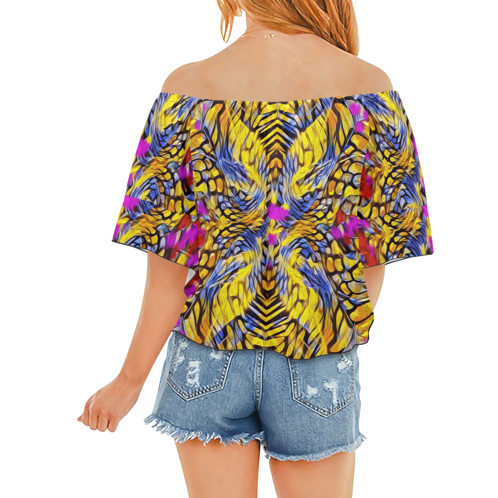Wired yellow strips Off Shoulder Knot Front Blouse (Model T71)