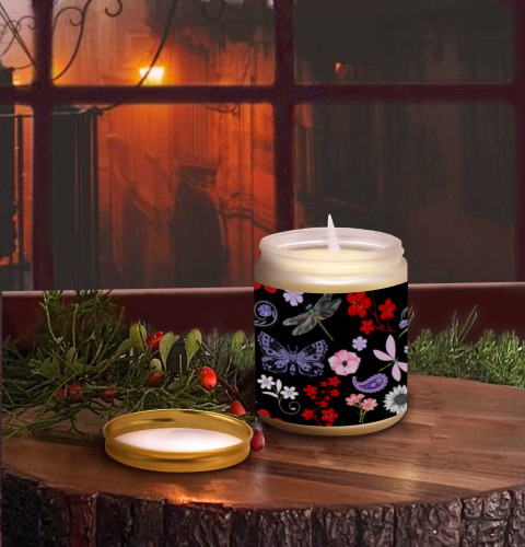 Black, Red, Pink, Purple, Dragonflies, Butterfly and Flowers Design Frosted Glass Candle Cup - Large Size (Lavender&Lemon)