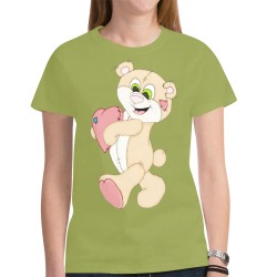 Patchwork Heart Teddy Olive Green New All Over Print T-shirt for Women (Model T45)