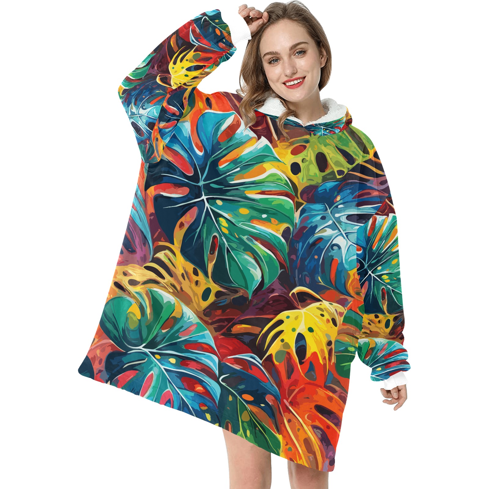 Monstera leaves. Colorful abstract art. Blanket Hoodie for Women