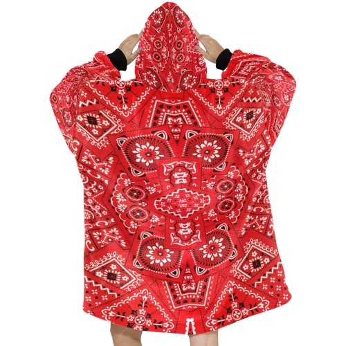 Red Bandana Squares / Black Cuff Blanket Hoodie for Women