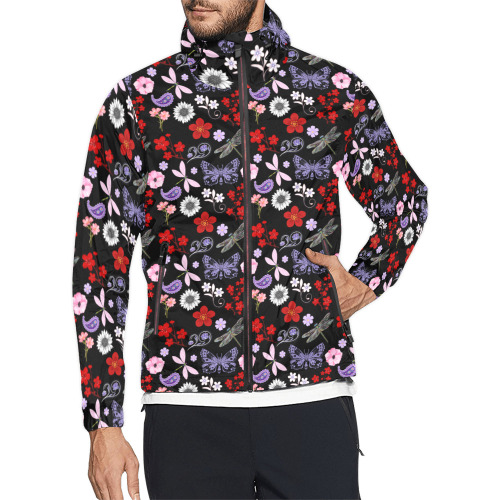 Black, Red, Pink, Purple, Dragonflies, Butterfly and Flowers Design Unisex All Over Print Windbreaker (Model H23)