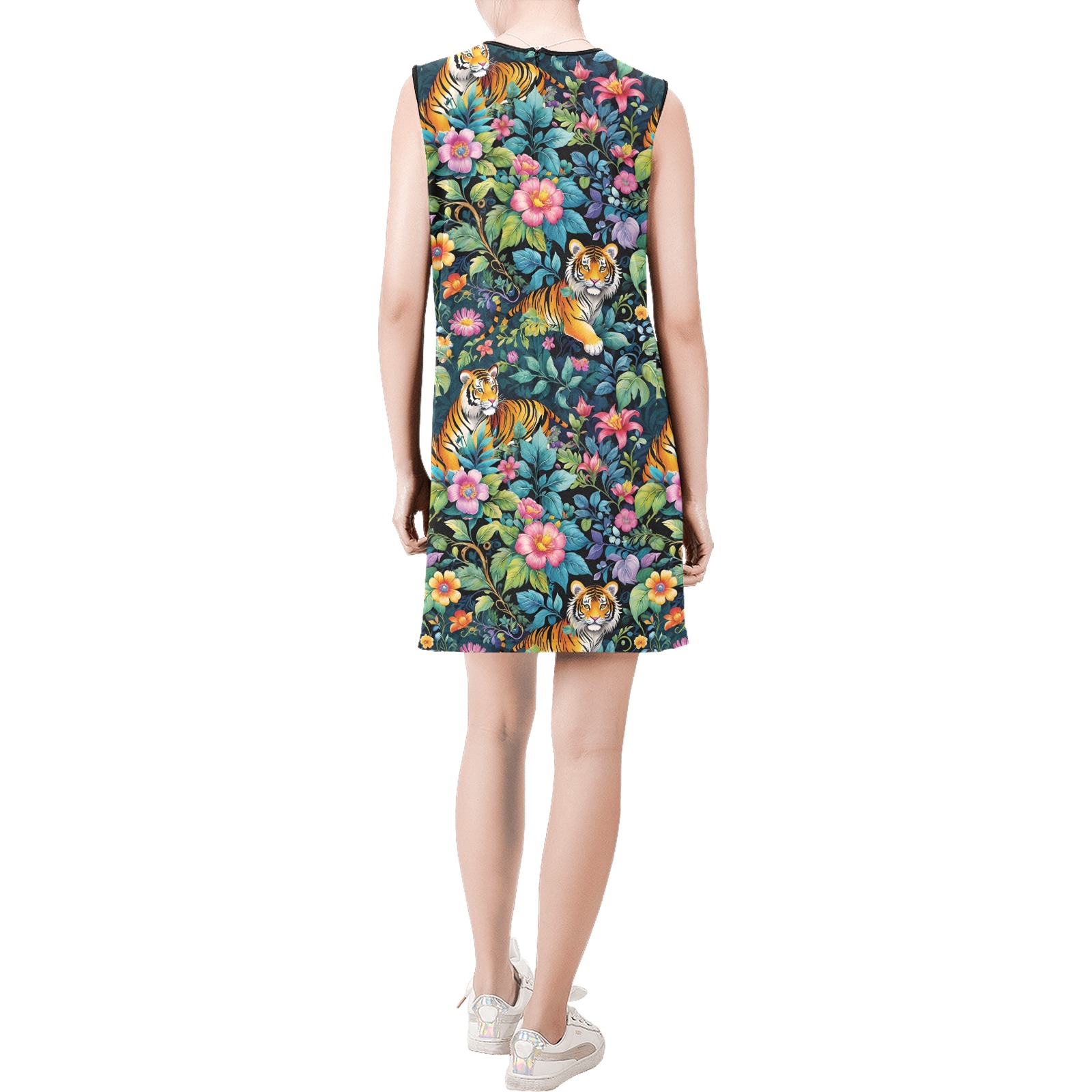 Jungle Tigers and Tropical Flowers Pattern Sleeveless Round Neck Shift Dress (Model D51)