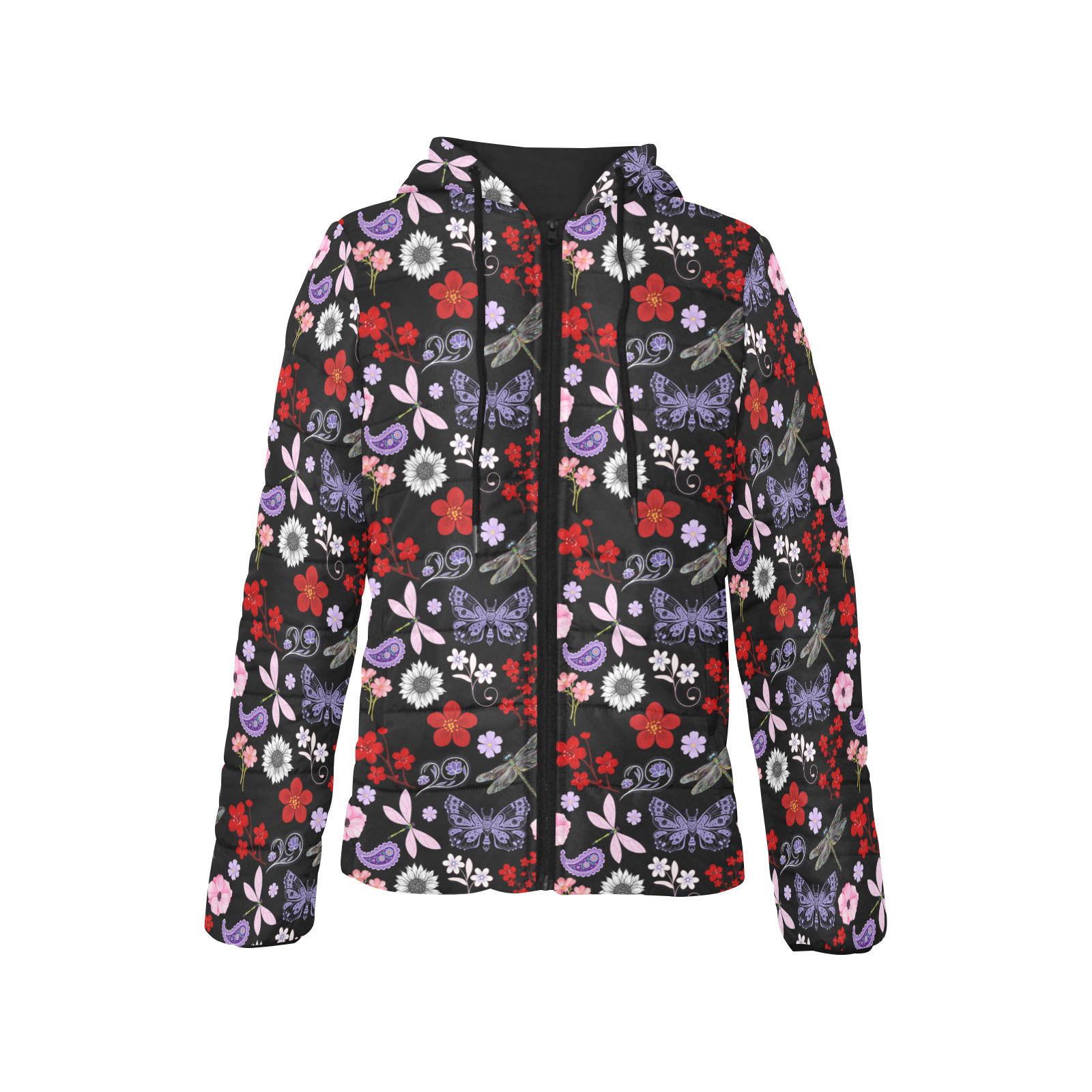 Black, Red, Pink, Purple, Dragonflies, Butterfly and Flowers Design Women's Padded Hooded Jacket (Model H46)