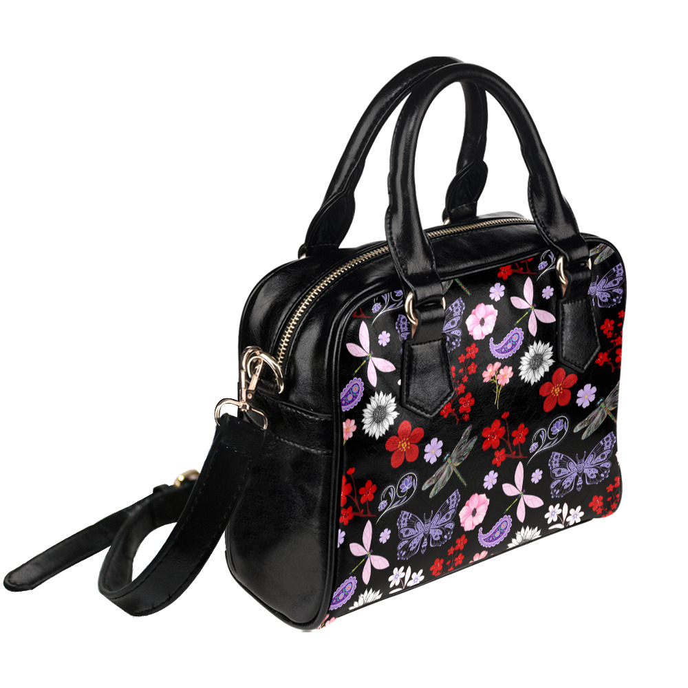 Black, Red, Pink, Purple, Dragonflies, Butterfly and Flowers Design Shoulder Handbag (Model 1634)