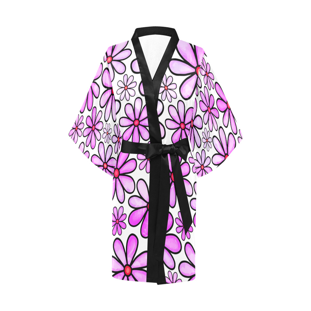 Pink Watercolor Doodle Daisy Flower Pattern Kimono Robe