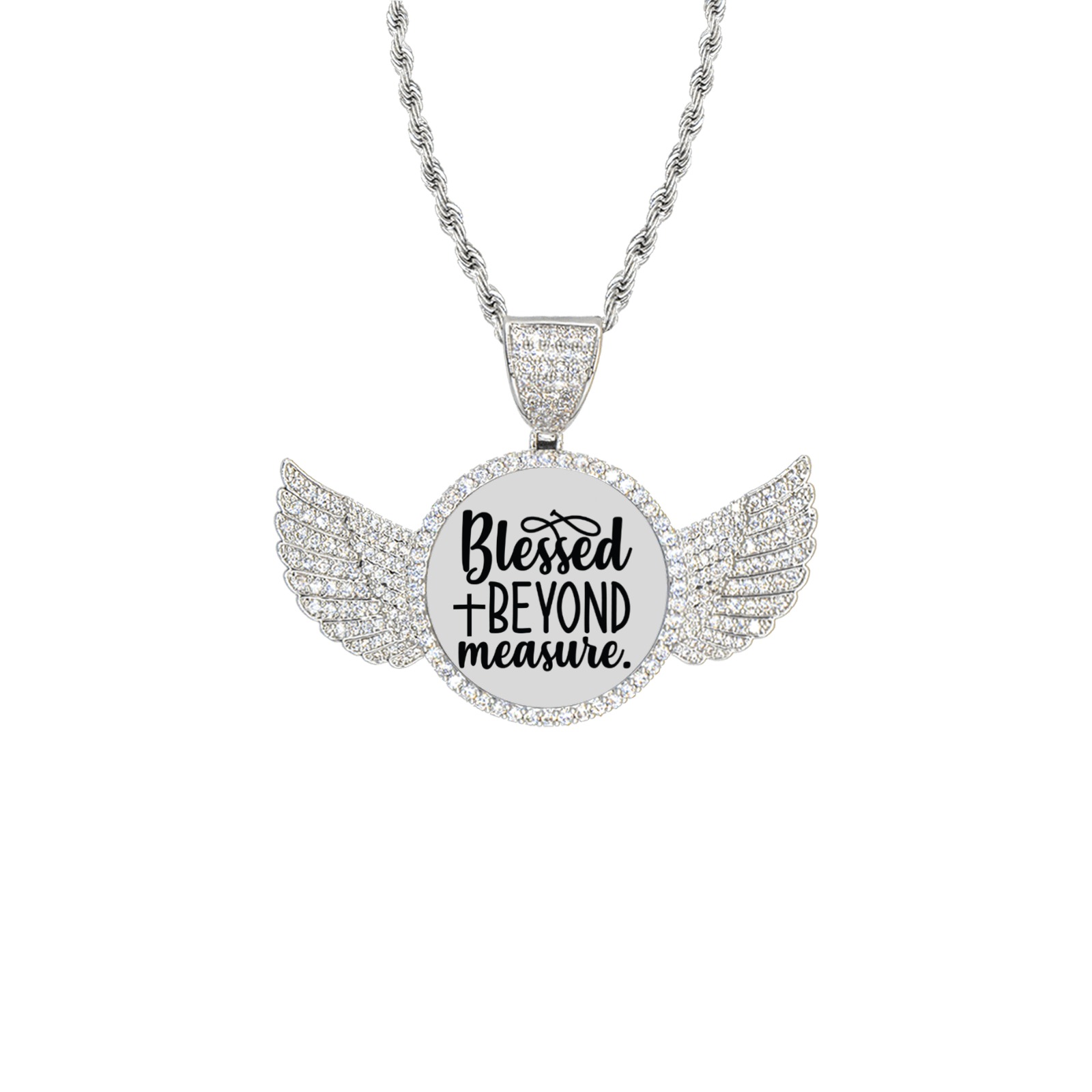Blessed Beyond Measure Wings Silver Photo Pendant with Rope Chain