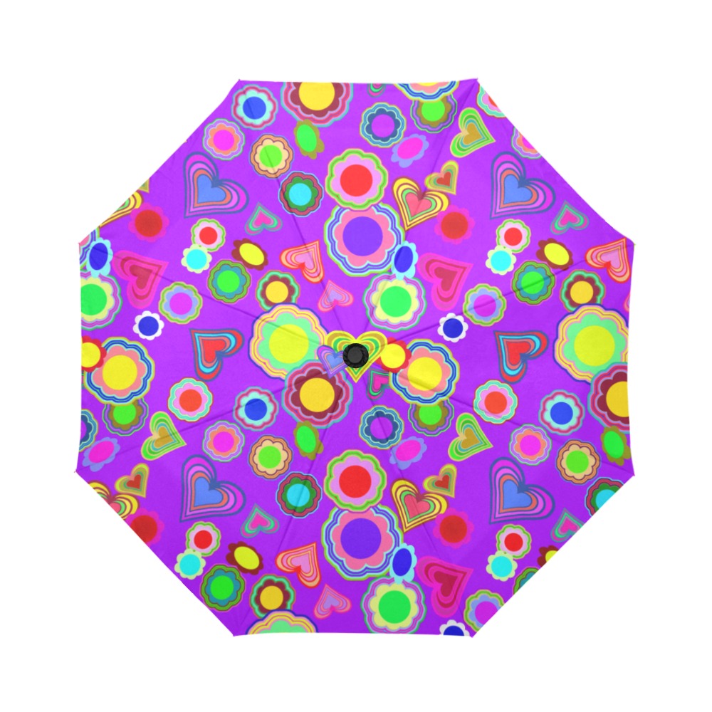 Groovy Hearts and Flowers Purple Auto-Foldable Umbrella (Model U04)