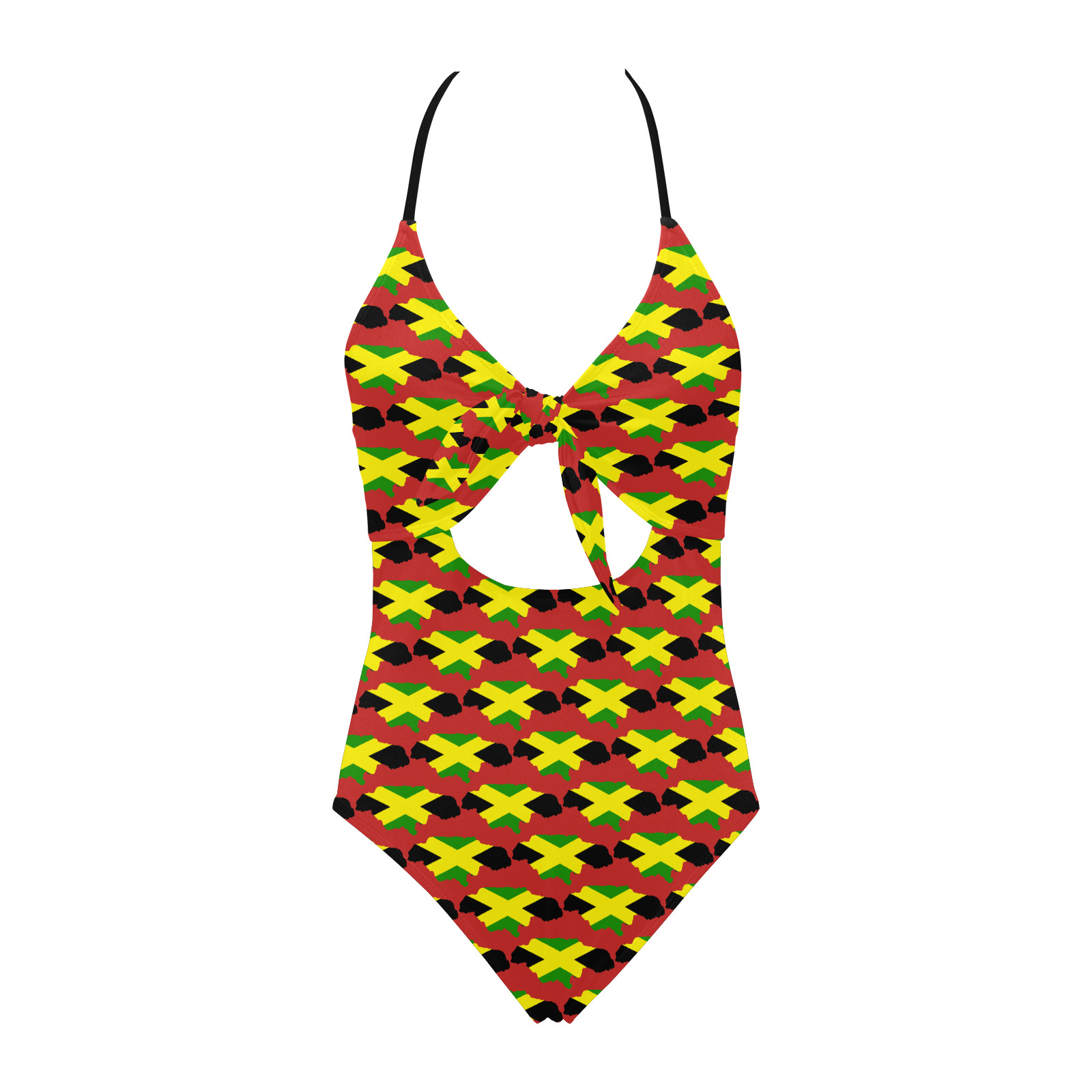 Jamaican Flag Maps Red Backless Hollow Out Bow Tie Swimsuit (Model S17)