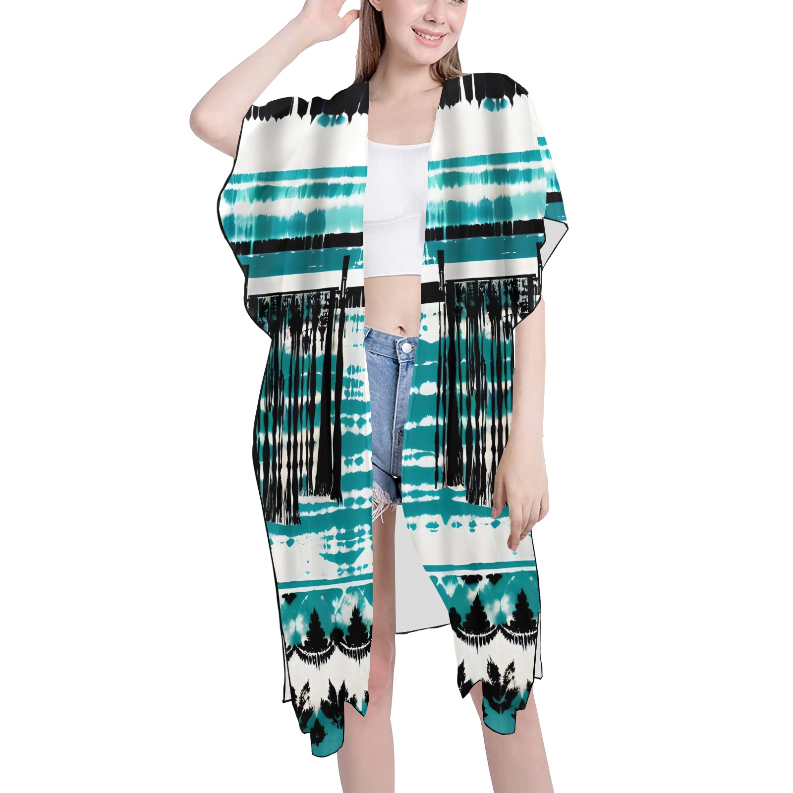 Teal and Black tie dye Mid-Length Side Slits Chiffon Cover Ups (Model H50)