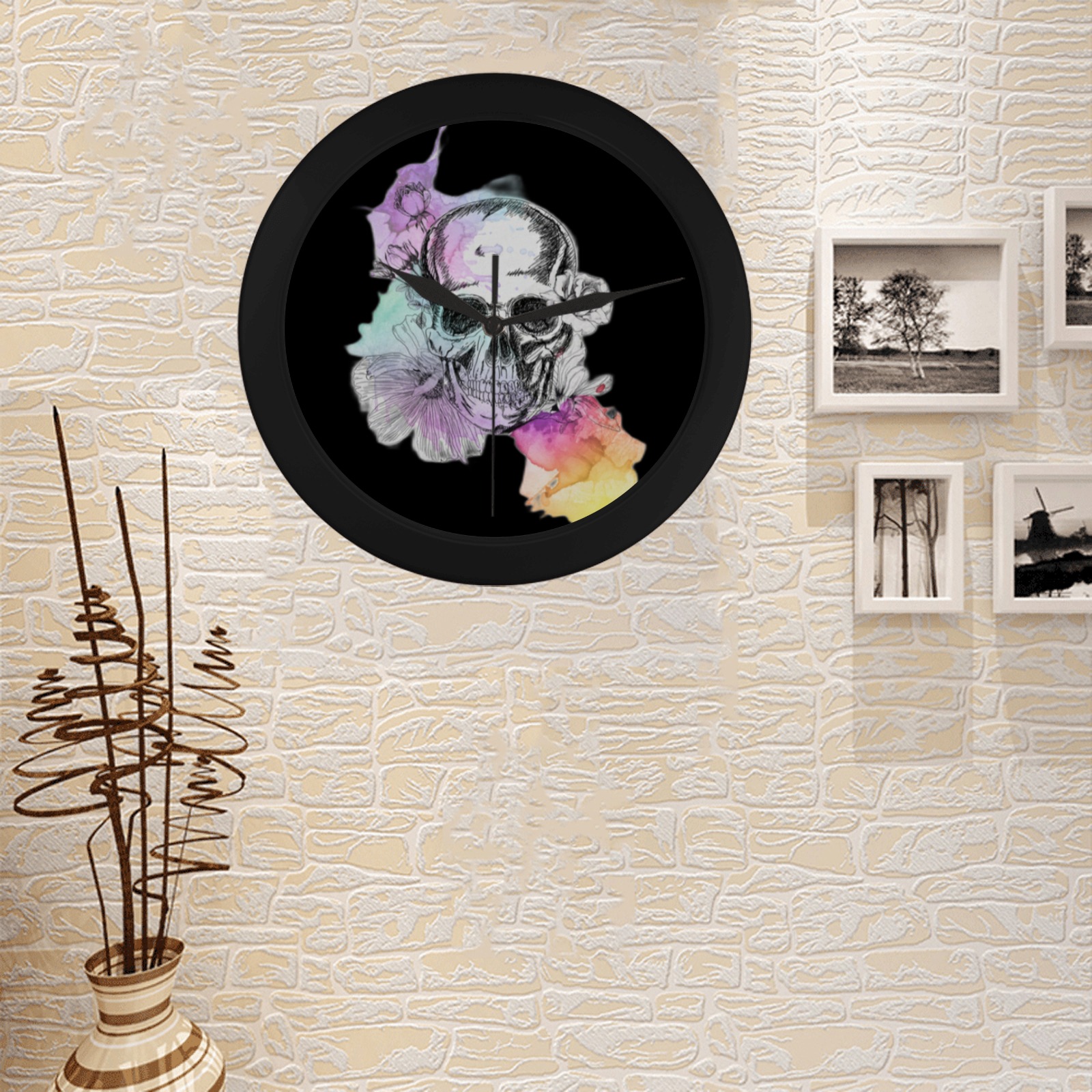 Skull and Flowers Circular Plastic Wall clock