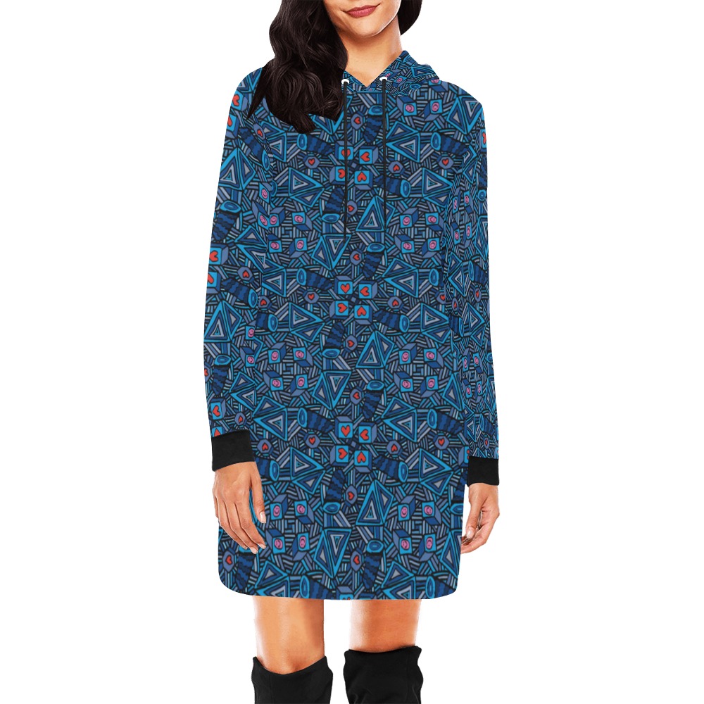 Blue Doodles - Hearts And Smiles All Over Print Hoodie Mini Dress (Model H27)