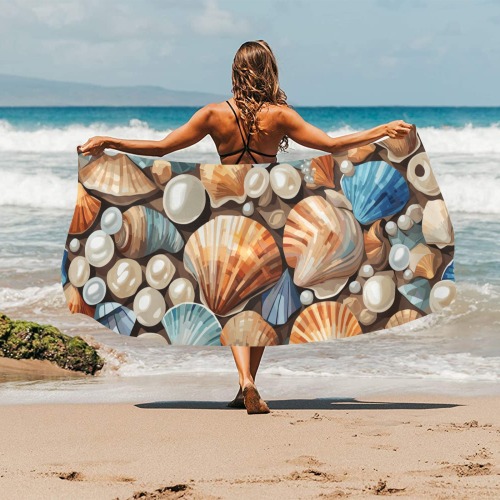 Shells and pearls on the sand. Pastel colors art. Beach Towel 32"x 71"
