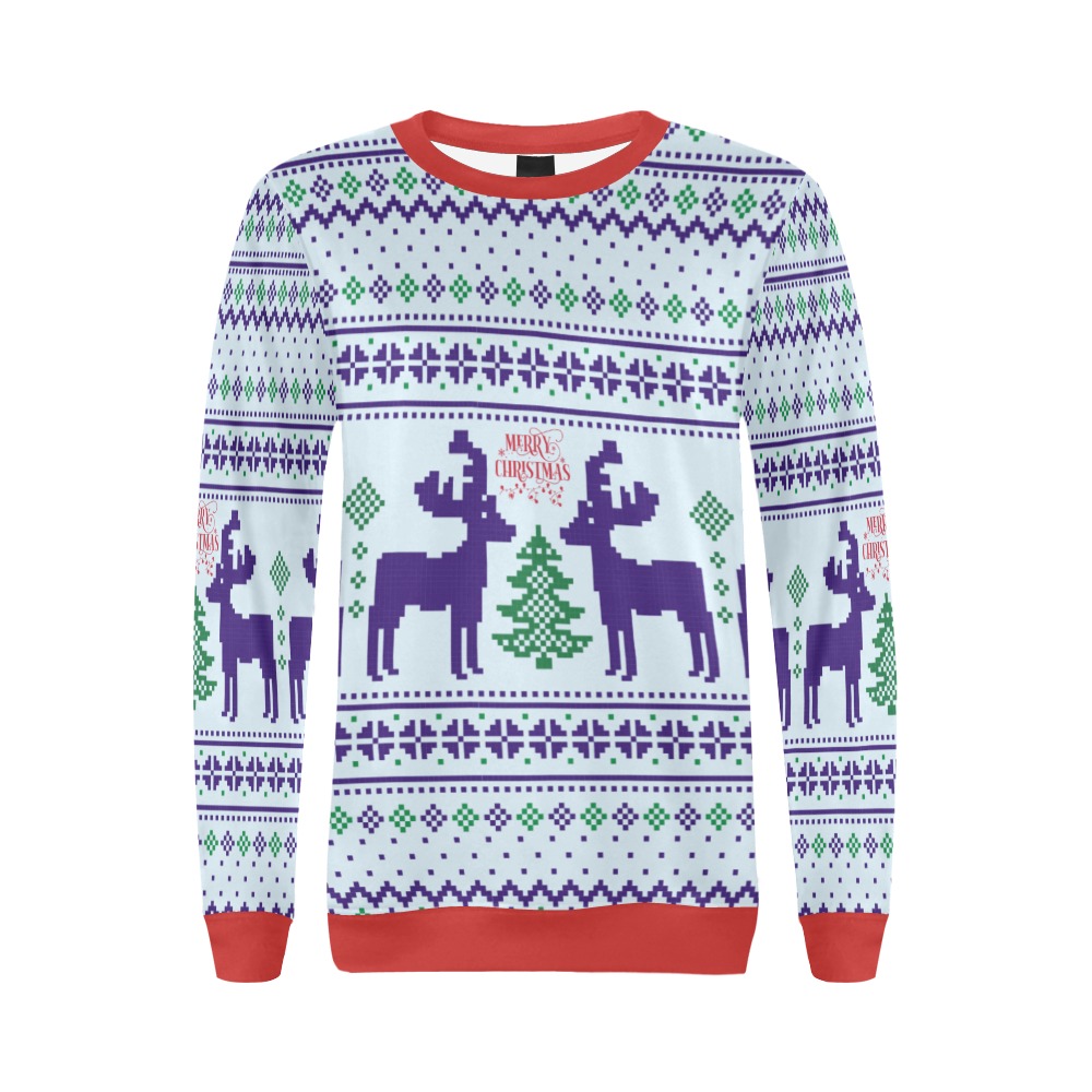 Merry Christmas Navy Blue Reindeer Ugly Sweater All Over Print Crewneck Sweatshirt for Women (Model H18)