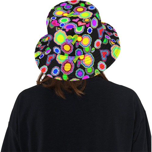 Groovy Hearts and Flowers Black All Over Print Bucket Hat