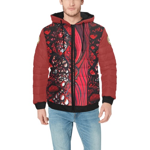 red and black intricate pattern 1 Men's Padded Hooded Jacket (Model H42)