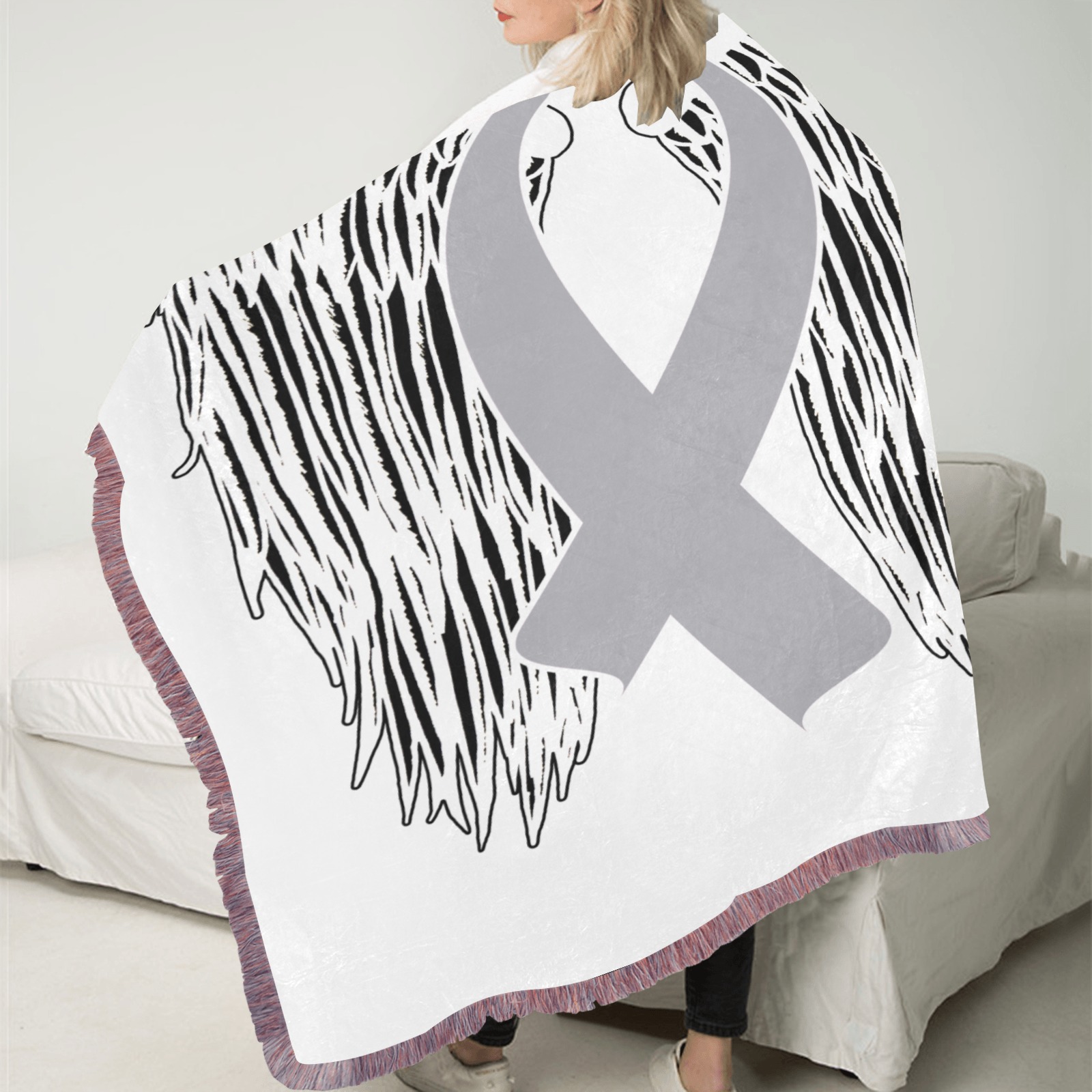 Winged Awareness Ribbon (Gray Ribbon) Ultra-Soft Fringe Blanket 30"x40" (Mixed Pink)