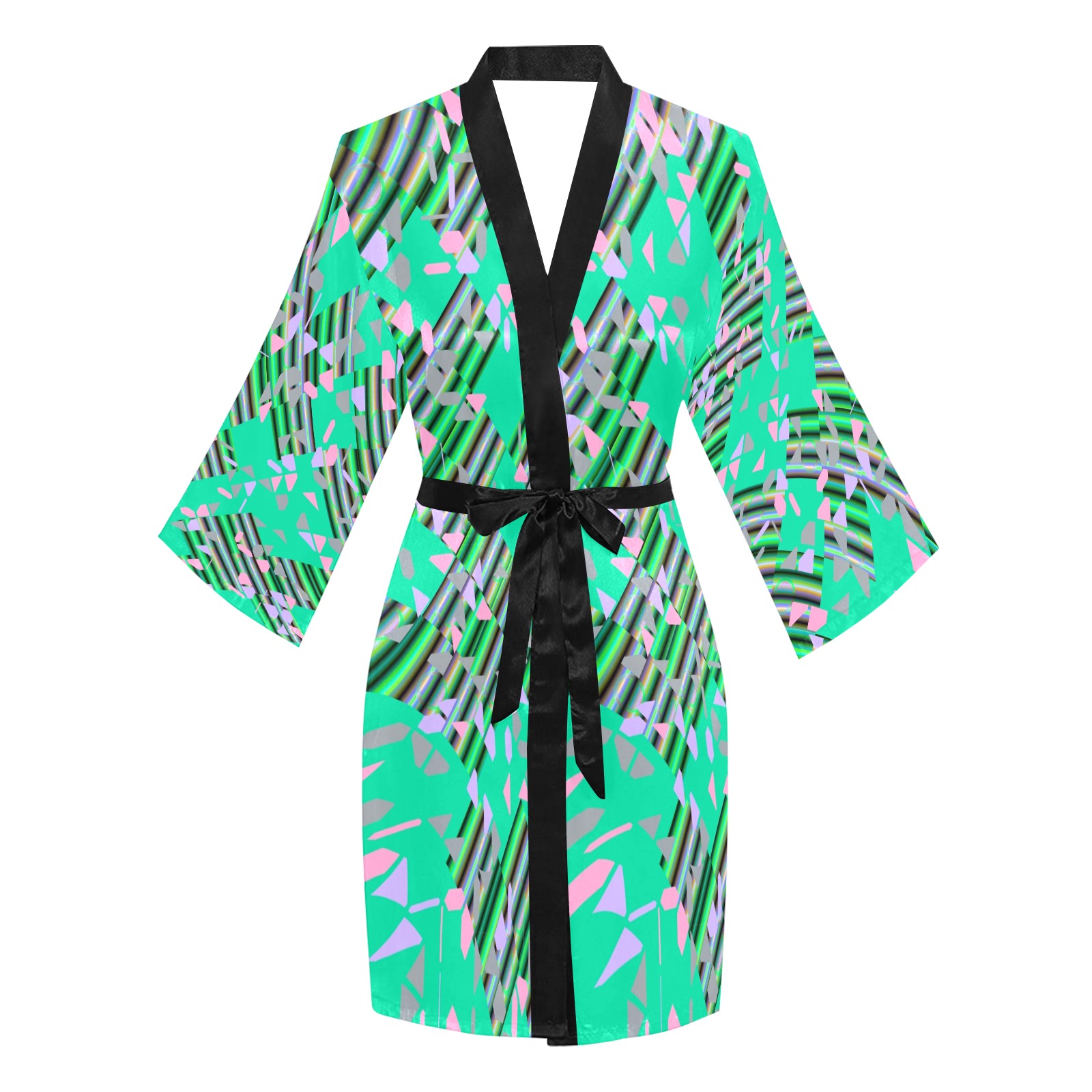 Flowing Green and Pink Abstract Long Sleeve Kimono Robe