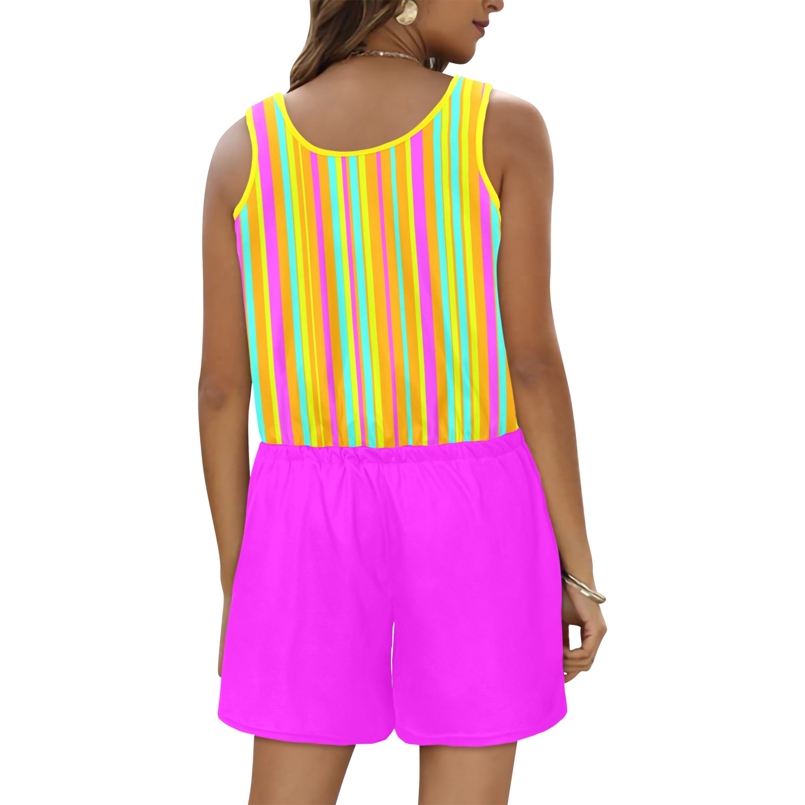 Neon Stripes Tangerine Turquoise Yellow Pink All Over Print Vest Short Jumpsuit