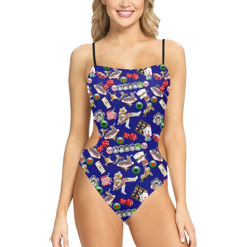 Las Vegas Icons Gamblers Delight / Blue Spaghetti Strap Cut Out Sides Swimsuit (Model S28)