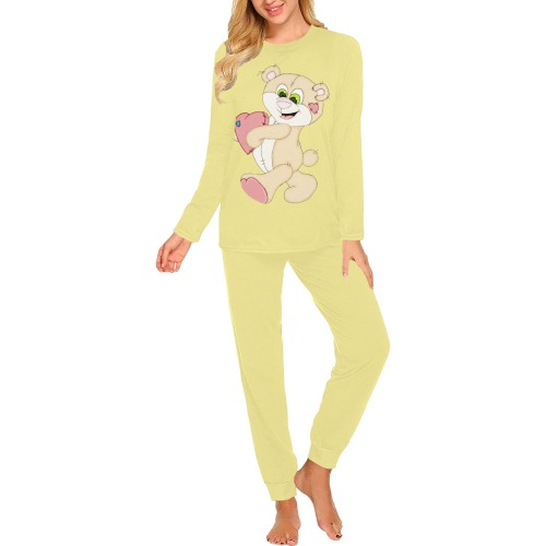 Patchwork Heart Teddy Soft Yellow Women's All Over Print Pajama Set