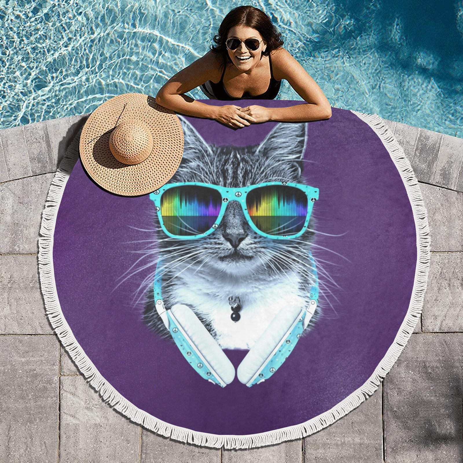 Cool Cat Circular Beach Shawl Towel 59"x 59"