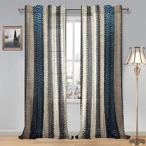 gold, silver and saphire striped pattern Gauze Curtain 28"x95" (Two-Piece)