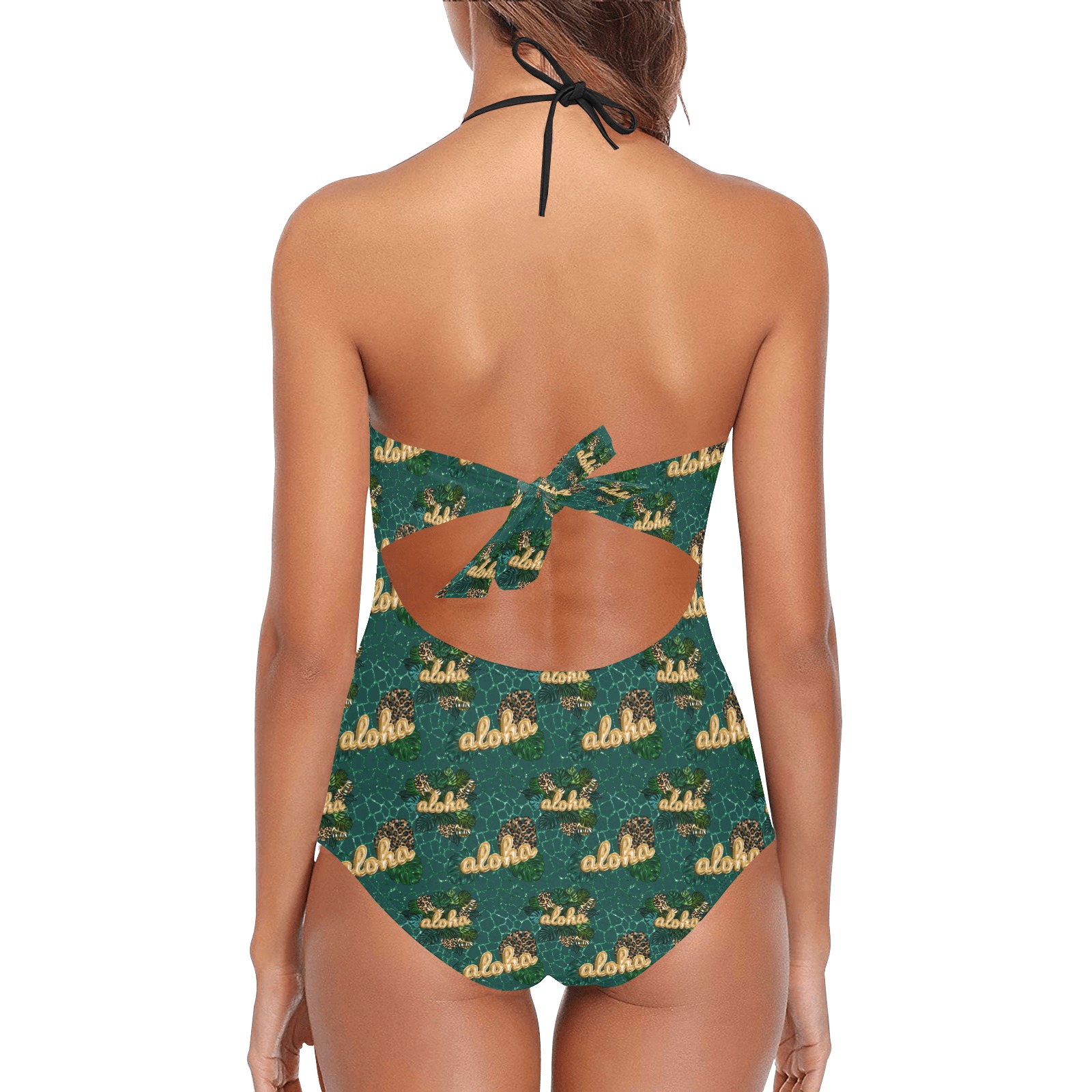 Aloha Leopard Print Halter Style with Lace Detail One Piece Swim Suit Lace Band Embossing Swimsuit (Model S15)