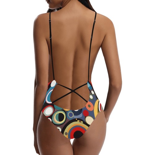 Fantastic colorful rings, dots abstract art. Sexy Lacing Backless One-Piece Swimsuit (Model S10)