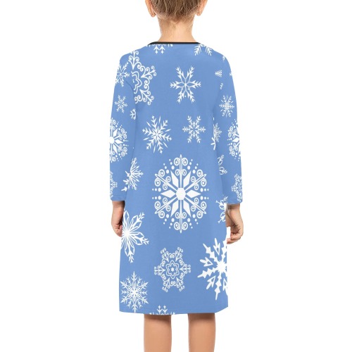 Snowflakes on Pastel Blue Girls' Long Sleeve Dress (Model D59)