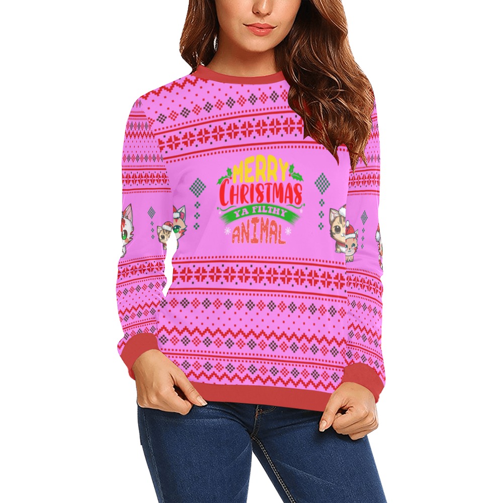 Merry Christmas You Filthy Animal Kawii Cats Ugly Sweater (P) All Over Print Crewneck Sweatshirt for Women (Model H18)
