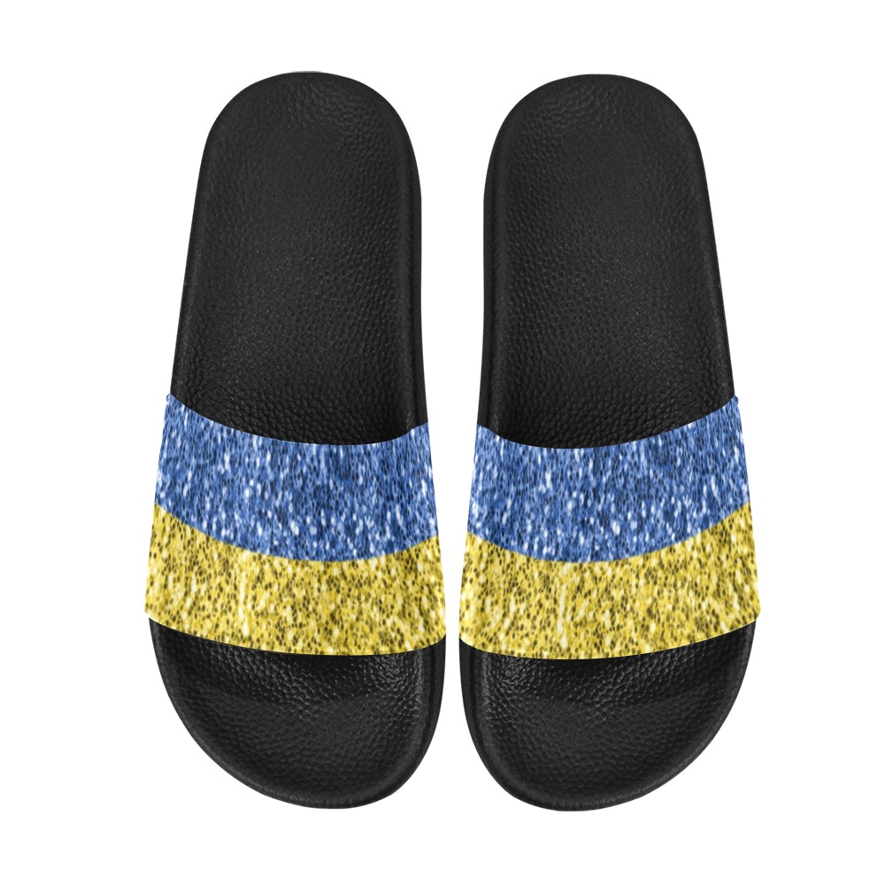 Blue yellow Ukraine flag glitter faux sparkles Men's Slide Sandals (Model 057)