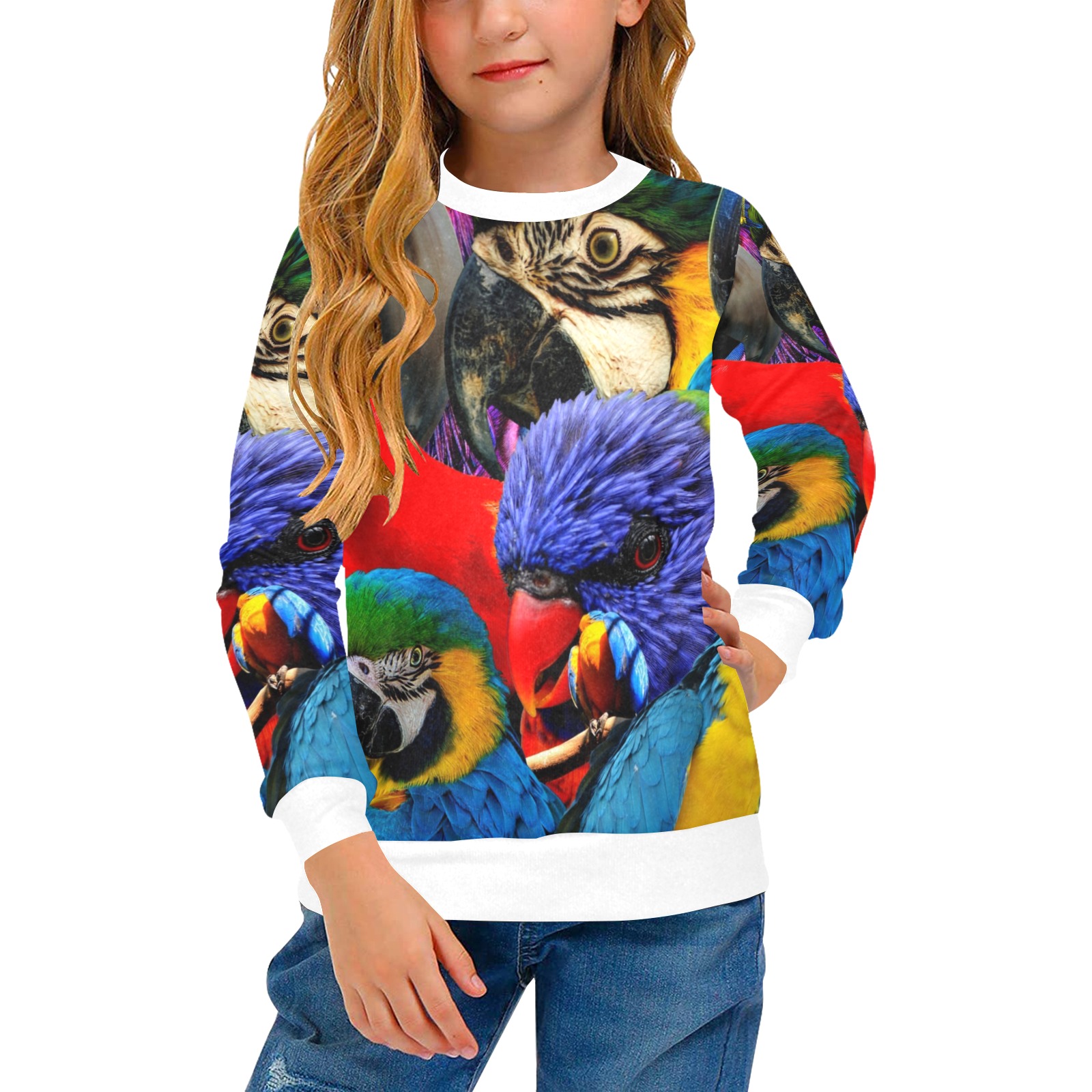 PARROTS Girls' All Over Print Crew Neck Sweater (Model H49)