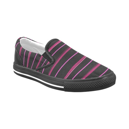 Candy Lipstick Hot Pink Stripes on Black Women's Unusual Slip-on Canvas Shoes (Model 019)