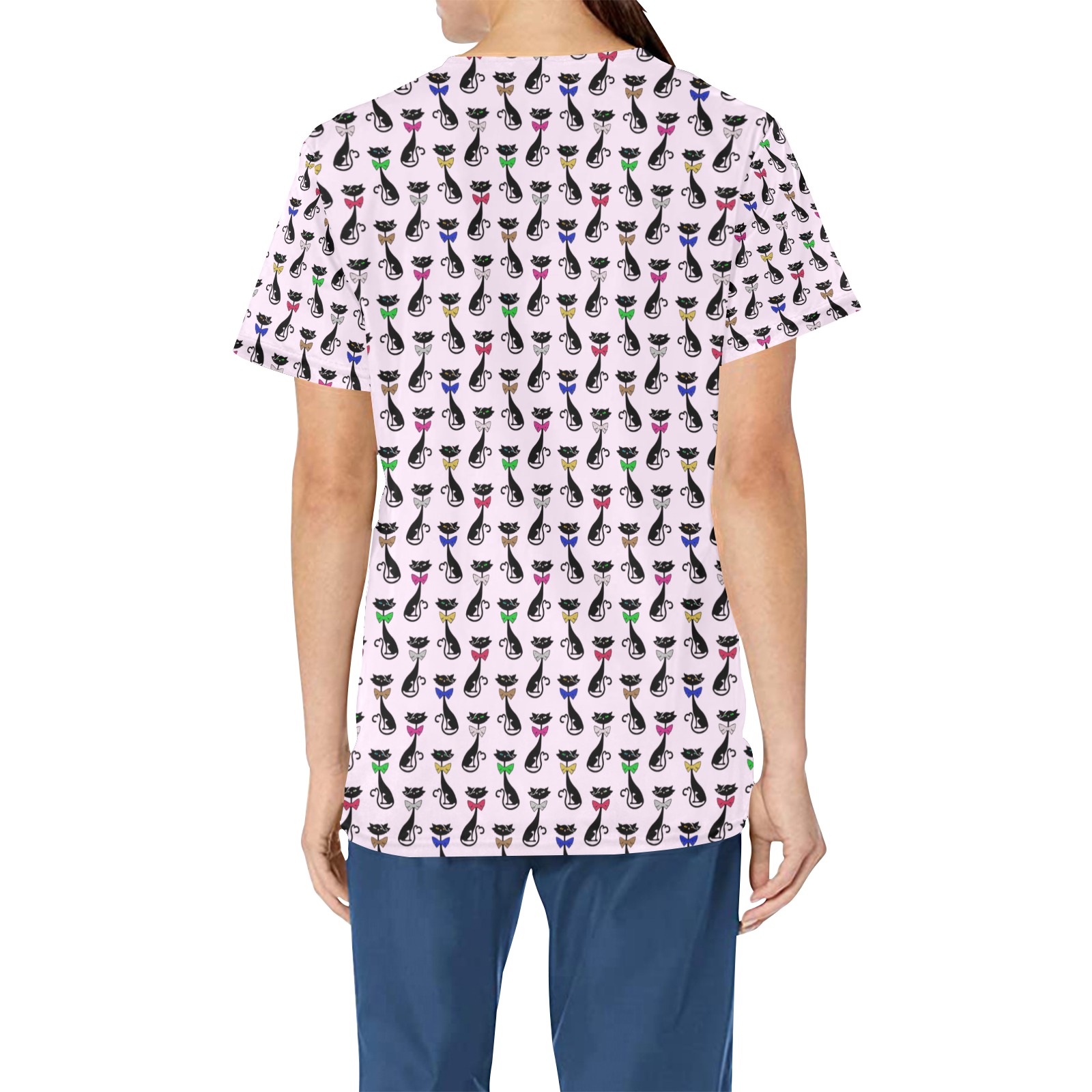 Black Cats Wearing Bow Ties - Pink All Over Print Scrub Top