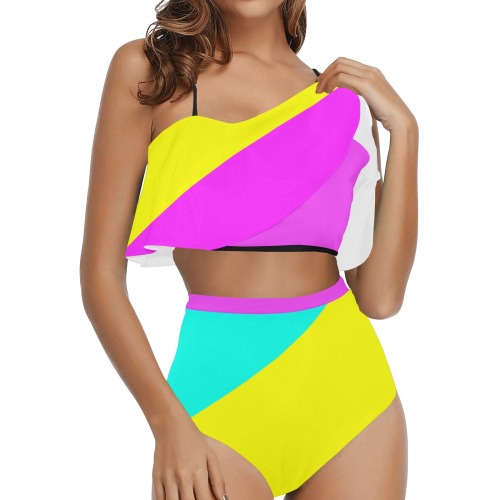 Bright Neon Colors Diagonal High Waisted Ruffle Bikini Set (Model S13)