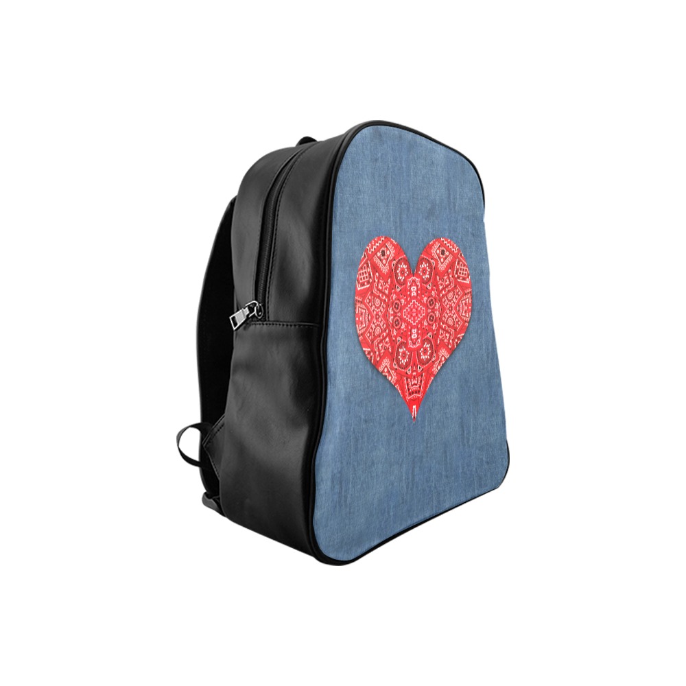 Bandana Heart on Denim-look School Backpack (Model 1601)(Small)