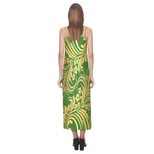 Green & Vintage Gold Print V-Neck Open Fork Long Dress(Model D18)