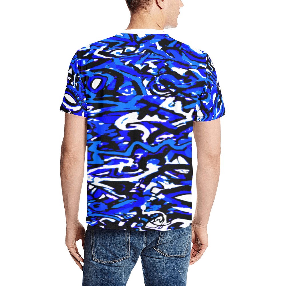 Abstract Blue and white Men's All Over Print T-Shirt (Solid Color Neck) (Model T63)