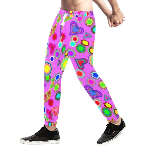 Groovy Hearts and Flowers Pink Unisex Casual Sweatpants (Model L11)
