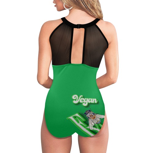 Vegan Collectable Fly Women's High Neck Plunge Mesh Ruched Swimsuit (S43)