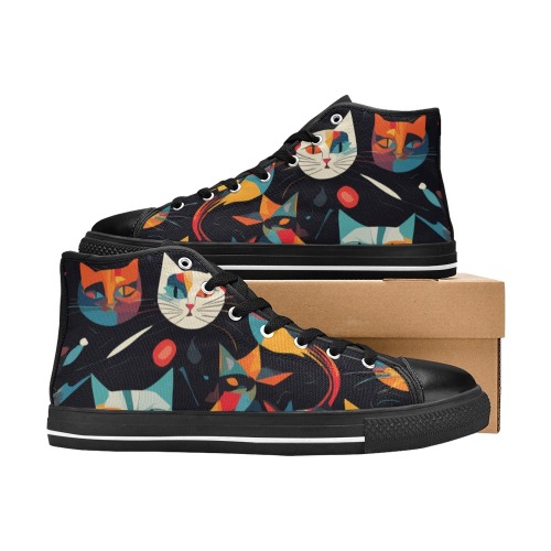 Funny colorful cat faces on black abstract art. Women's Classic High Top Canvas Shoes (Model 017)