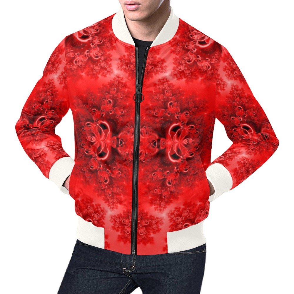 Fiery Red Rose Garden Frost Fractal All Over Print Bomber Jacket for Men (Model H19)