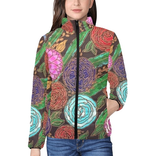 Floral and Bamboo leaves Women's Stand Collar Padded Jacket (Model H41)