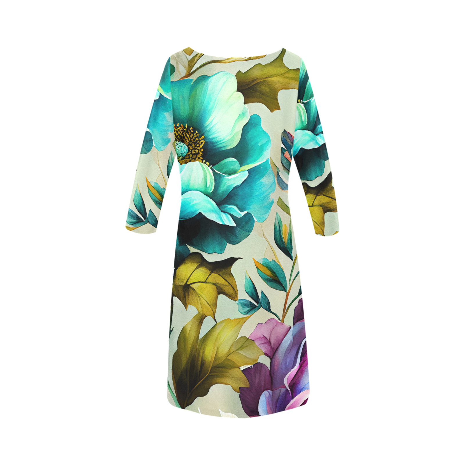 flowers botanic art (3) dress fashion Rhea Loose Round Neck Dress(Model D22)