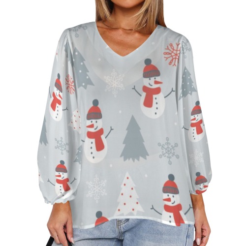 Christmas pattern V neck long puff sleeve top