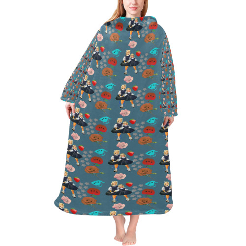 retro girls dress in black pattern blue teal Blanket Robe with Sleeves for Adults