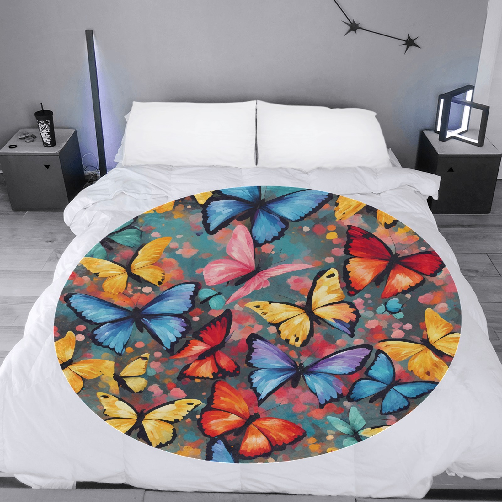 Pattern of red, yellow, blue, pink butterflies Circular Ultra-Soft Micro Fleece Blanket 60"