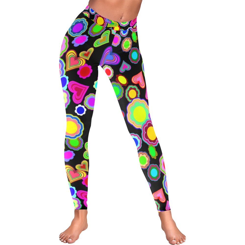 Groovy Hearts and Flowers Black Women's Low Rise Leggings (Invisible Stitch) (Model L05)